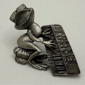Vintage JJ Jonette Frog Toadstool Piano Keyboard Pewter Pin Brooch Jewelry